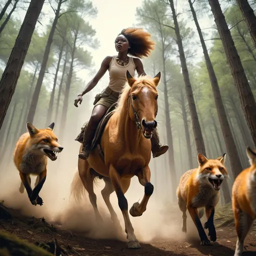 Prompt: African young lady riding on a pale horse in a deep forest chased by foxes , trying to catch her whiles she rides fast. Doom scene, low angle shot 