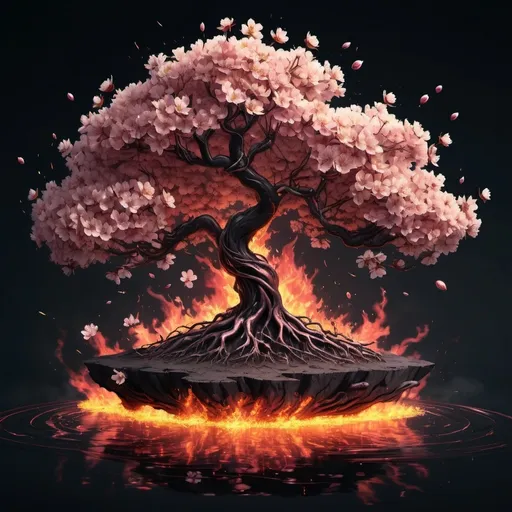 Prompt: Anime cyberpunk style Japanese cherry blossom with leaves on fire (dramatic) on a floating island with roots coming out from underneath while floating in an infinite void highly detailed, HD, dark background