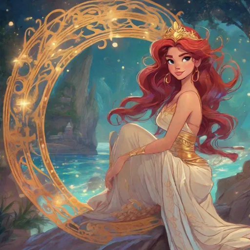 Prompt: Vivid, detailed, Disney art style, full body, Ariel Disney Princess, Hair part on left side, sparkling Greek goddess robe, mythology