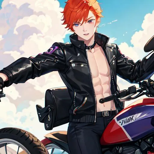 Prompt: Erikku 1male (short ginger hair, freckles, right eye blue left eye purple) muscular, riding a motorcycle