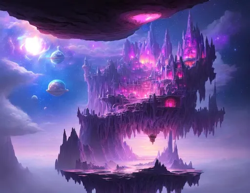 Prompt: fantasy kingdom in a floating island in space, clouds, stars, planets, waterfalls, nebulae, mystical, purple, pink, blue, trending on artstation, highly detailed matte painting