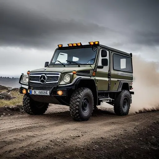 Prompt: mercedes unimog in black, offroading, cinematic lighting, in a war zone, mist in background