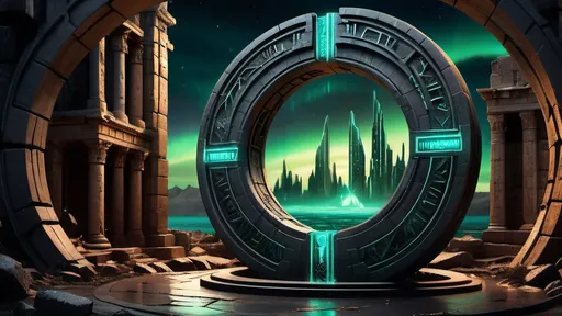 Prompt: magical portal between cities realms worlds kingdoms, circular portal, ring standing on edge, upright ring, freestanding ring, hieroglyphs on ring, complete ring, ruins, ancient roman architecture, atlantis city plaza setting, aurora borealis, panoramic view, dark night, futuristic cyberpunk tech-noir setting