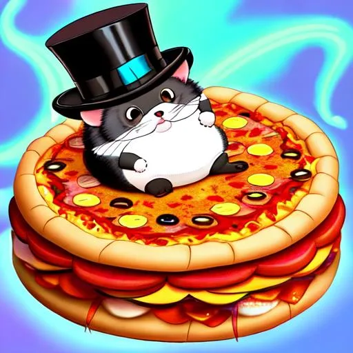 Prompt: fat round opossum wearing (((top hat and monocle))), fluffy, art style of sam yang and james jean! cute (((neon))) surrealism, pizza