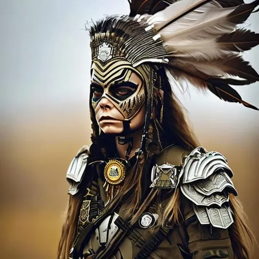 Prompt: cara delevigne, tan military officer uniform, silver details, feather head dress, tribal warrior, sci fi
