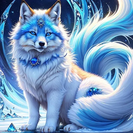 Prompt: (masterpiece, professional illustration, epic oil painting, epic digital art, best quality:1.5), insanely beautiful female ((fox)), (canine quadruped), adolescent, ice elemental, deep blue billowing fur covered in frost, bashful hypnotic sapphire blue eyes, gorgeous 8k eyes, gorgeous silver mane covered in frost, (plump:2), finely detailed fur, hyper detailed fur, (soft silky insanely detailed fur), moonlight beaming through clouds, lying in frosted meadow, grassy field covered in frost, cool colors, professional, symmetric, golden ratio, unreal engine, depth, volumetric lighting, rich oil medium, (brilliant auroras), (ice storm), full body focus, beautifully detailed background, cinematic, 64K, UHD, intricate detail, high quality, high detail, masterpiece, intricate facial detail, high quality, detailed face, intricate quality, intricate eye detail, highly detailed, high resolution scan, intricate detailed, highly detailed face, very detailed, high resolution