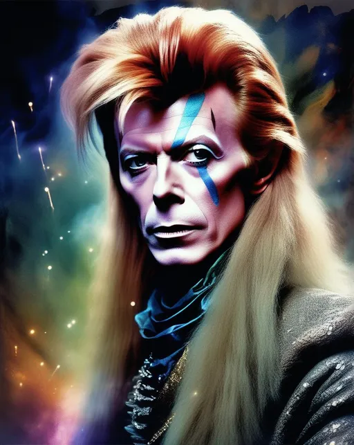 Prompt: A glamorous digital portrait of David Bowie as the mesmerizing Goblin King from the classic 1986 fantasy film Labyrinth. Dramatic lighting and smoke effects emphasize his eccentric look. (((Piercing eyes))) stand out against the dark background. Colorful, imaginative style pays homage to the iconic character.