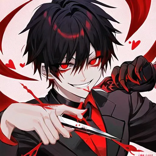 Anime boy with red and black hair with black hood wi