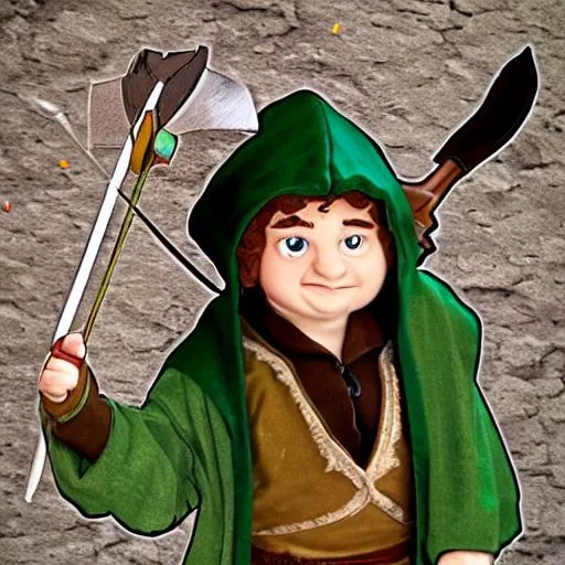 Prompt: Halfling Hobbit with dark hair with two crossbows and green hood and green cloak with brown patchy clothes spinning in the air, photo style