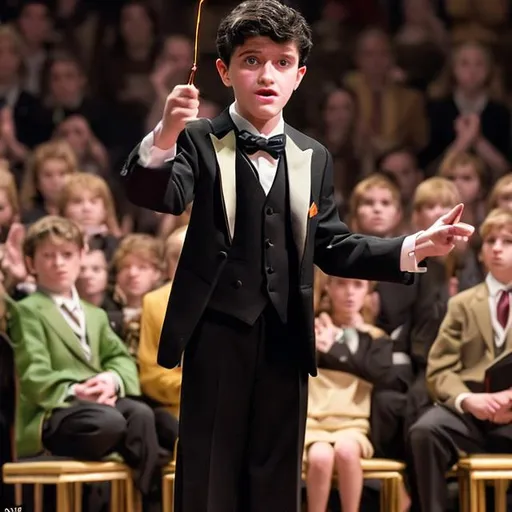 Prompt: 13 year old boy in a tuxedo stands up in the audience and casts a crazy magic spell on the actors with his magic wand 