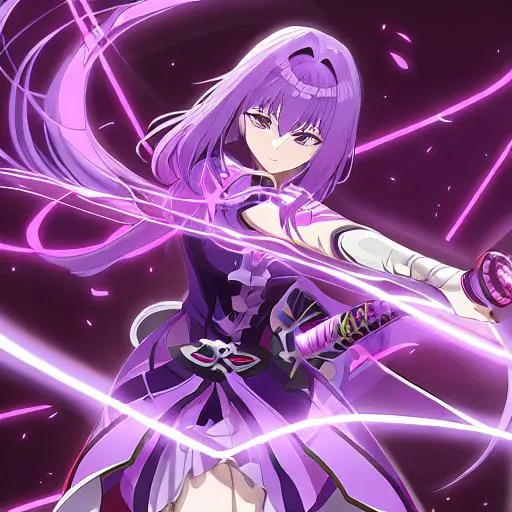 Prompt: Anime girl purple hair sword glitch 20 swords

