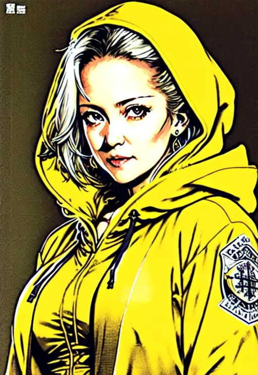 Prompt: (((Yoji Shinkawa))), sticker of ultra detailed portrait of Denise Gough, 67 years old, in yellow hooded long robe. high quality cell shaded illustration in fantasy apocalyptic style by Yoji Shinkawa, ((full body)), dynamic pose, perfect anatomy, castle setting, magician, centered, freedom, soul, grey short hair, approach to perfection, cell shading, 4k , cinematic dramatic atmosphere, watercolor painting, global illumination, detailed and intricate environment, artstation, concept art, fluid and sharp focus, volumetric lighting, cinematic lighting, Art by Yoji Shinkawa,