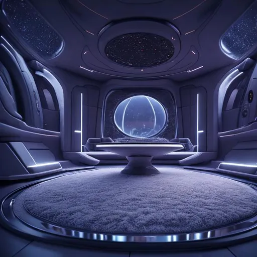 Prompt: night, grey spaceship interior with big desk thick carpet, small fountain, window view of night, futuristic, chillwave, cinematic lighting, photorealistic, ultra detailed
