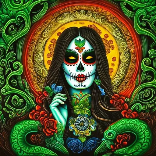 Prompt: Day of the dead woman with tongue spiraling out of her mouth, in a verdant forest with “beware, all that enter” written in the sky