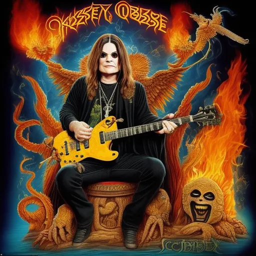 Prompt: ozzy osbourne's head on a scorpio
drinking fristi
sitting in a tropical paradise
guitars flying in the air with fire output
