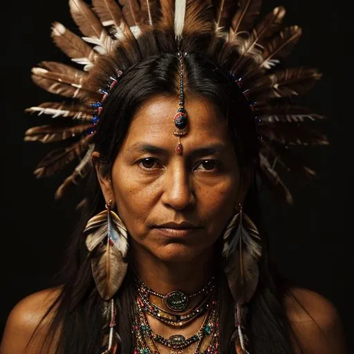 Prompt: Portrait of queen. She is a shamanic native indigenous gorgeous woman. She is of slight age. Eye full of wisdom.The background is slightly  dark with a glow and sense of mystery yet royalty. Vibrant colors. Very realistic. 