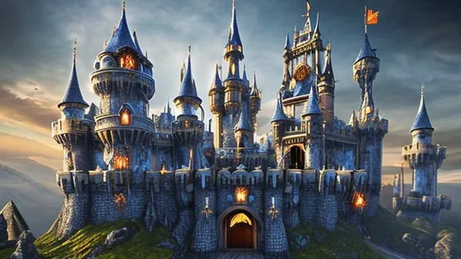 Prompt: fantasy castle with giant guarded gate, blue gold and white color scheme, gothic architecture 