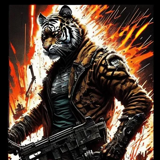 Prompt: Gritty Todd McFarlane style Tiger. Full body. Gritty, futuristic army-trained villain. Bloody. Hurt. Damaged. Accurate. realistic. evil eyes. Slow exposure. Detailed. Dirty. Dark and gritty. Post-apocalyptic Neo Tokyo .Futuristic. Shadows. Armed. Fanatic. Intense. 