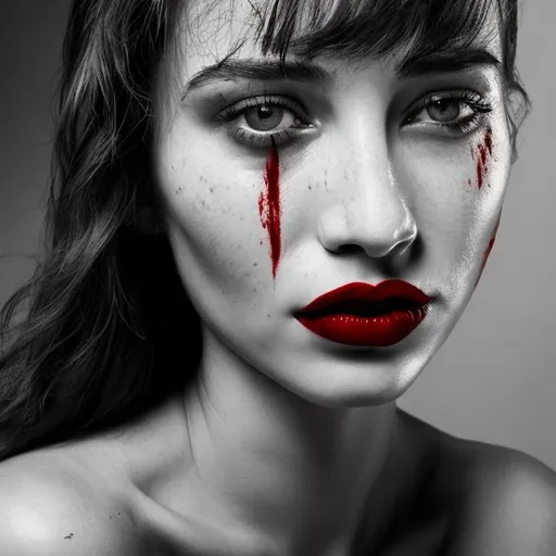 Prompt: Womans face in black and white portrait but her lips in blood red lipstick close up shot