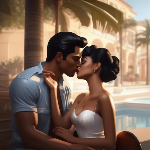 Prompt: 3d art pin-up girl skin black  hair brown skin kissing on man