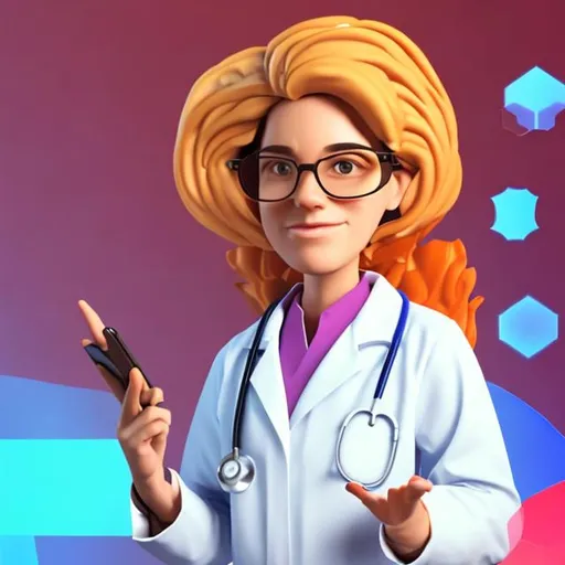 Prompt: combine an academic, doctor, intellectual, researcher and scientist who loves to share their wisdom and knowledge. Make the character female, and the image colorful and lighthearted