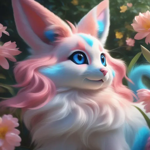 Prompt: (Sylveon), realistic, photograph, epic oil painting, (hyper real), furry, (hyper detailed), extremely beautiful, sprawling on back, belly up, paws in the air, playful, UHD, studio lighting, best quality, professional, 8k eyes, 8k, highly detailed, highly detailed fur, hyper realistic creamy fur, canine quadruped, (high quality fur), fluffy, fuzzy, full body shot, zoomed out view of character, perfect composition, trending, instagram, artstation, deviantart, best art, best photograph, unreal engine, high octane, cute, adorable smile, peaceful, (highly detailed background), vivid, vibrant, intricate facial detail, incredibly sharp detailed eyes, incredibly realistic golden retriever fur, concept art, anne stokes, yuino chiri, character reveal, extremely detailed fur, cute fangs, plump, cuddly, sapphire sky, complementary colors, golden ratio, rich shading, vivid colors, high saturation colors, nintendo, pokemon, silver light beams