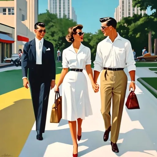 Prompt: A man wearing a white shirt and woman wearing a beige dress, walking side by side, background city, concrete pavement, gouache detailed painting, 1950s 