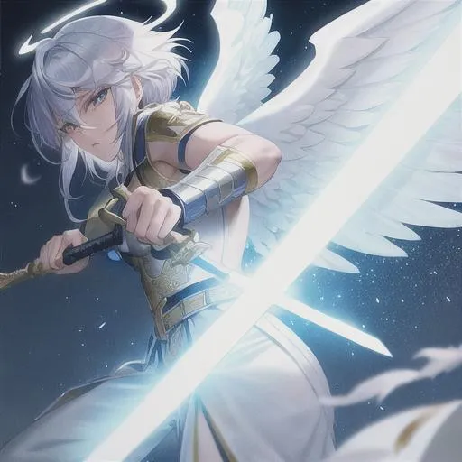 Prompt: 4k  on Tough looking male angel with wings and a halo (detailed face), wielding a holy sword, fighting
