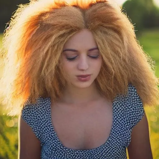 Prompt: Cute girl with lion hair and eyelashes and sun in background 