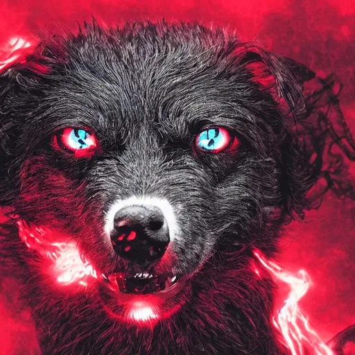 Prompt: google eyed hellhound with glowing eyes in a red mist
