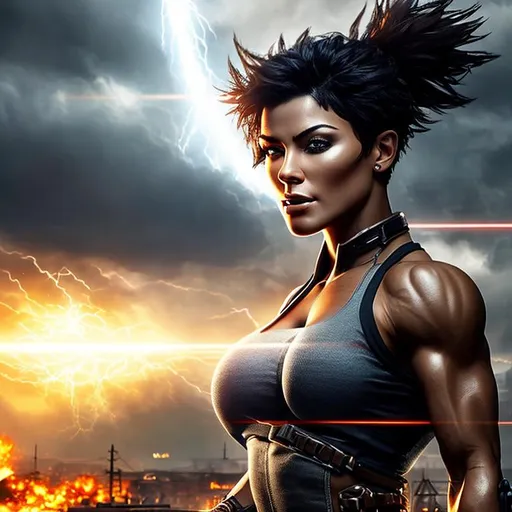 Prompt: very short hair, photorealistic, beautiful woman with muscles, full body, androgynous beautiful face, extreme energy bursting forth, ideal proportions, epic, monstrous, apocalyptic war, dimensional storm