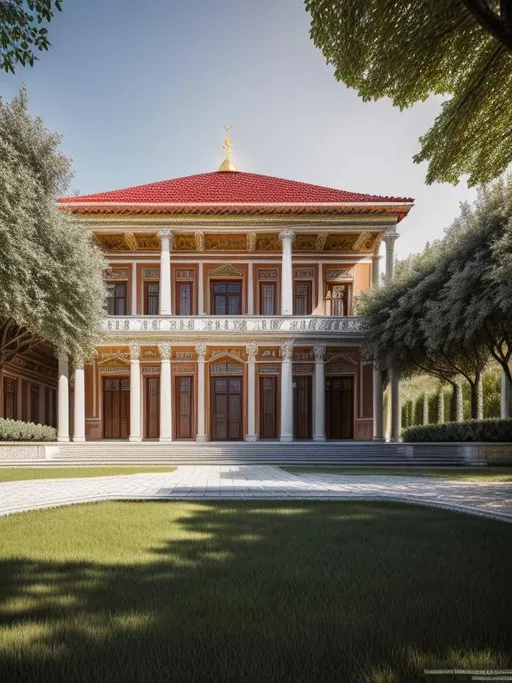 Prompt: Please create the artistic image of Abkhazia as a very beautiful country by designing high-detailed and exquisite classical Abkhazian cultural buildings and living house following all the main principles of architecture: axis, symmetry, hierarchy, datum, rhythm, isometry, balance, harmony and proportions. Use UHD engine 5, Octane 3D, hi res 256 K, HDR, focus sharp, centered, fit in frame, Bokeh. Apply stunning background to the image composition: Caucasus Mountains, biologically flawless palm trees and plants, the coast of the Black Sea.