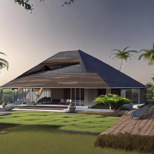 Prompt: modern design of beautiful detailed family house with a roof and intricate and artistic congolese rare minerals details with elements of precolonial Congolese inspiration kinshasa, volumetric natural light, cinematic light, ultra realistic, vray, far view, perspective landscape