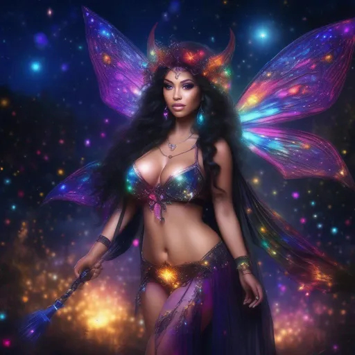 Prompt: A complete body form of a stunningly beautiful, hyper realistic, buxom woman with incredible bright, wearing a colorful, sparkling, dangling, glowing, skimpy, bo-ho, goth style,  flowing, sheer, fairy, witch's outfit on a breathtaking night with stars and colors with glowing, hyper real mythical sprites flying about