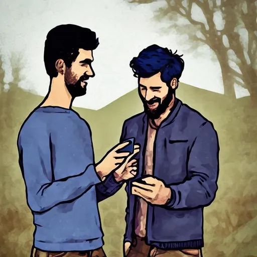 Prompt: 1 man showing another man his phone, digital style, outdoors
