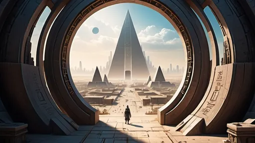 Prompt: small circular portal in the distance, gateway between cities realms worlds kingdoms, ring standing on edge, freestanding ring, hieroglyphs on ring, complete ring, obelisks, pyramids, futuristic towers, large wide-open city plaza, wide vista view, futuristic cyberpunk dystopian setting