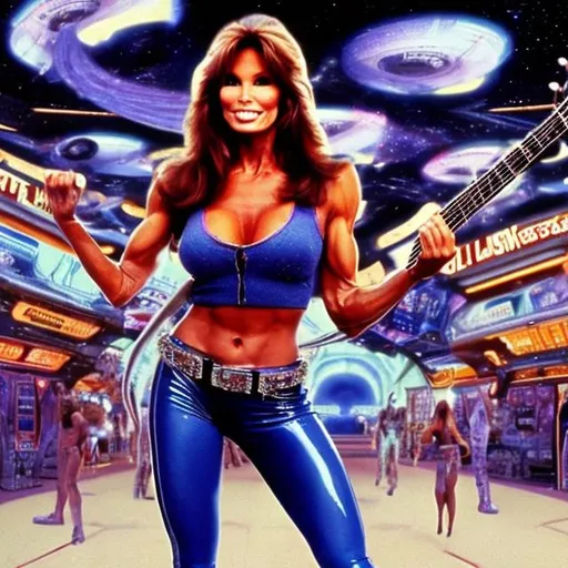 Prompt: Bodybuilding Racquel Welch playing guitar for tips in a busy alien mall, widescreen, infinity vanishing point, galaxy background