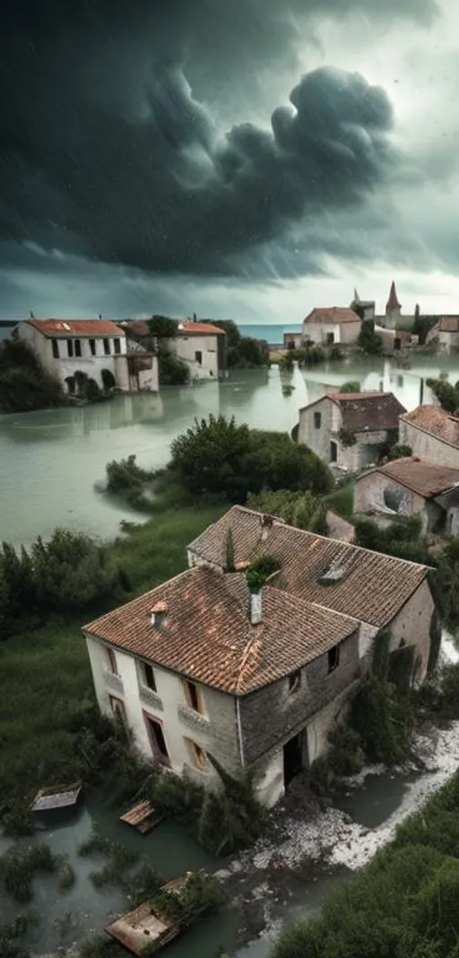 Prompt: Abandoned small village in France, engulfed from rising ocean levels, 4K, digital photography, apocalypse artwork, dark sky, rain clouds, fallen trees,