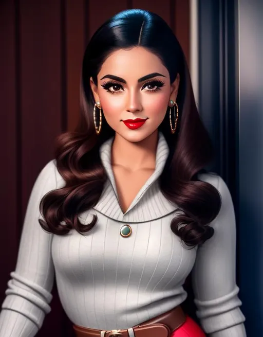 Prompt: generate a face with a vintage, 1950s aesthetic, latina in a sweater, leggings and a hip belt, looks like Anya Chalotra, best quality, high quality, volumetric lighting, dynamic lighting