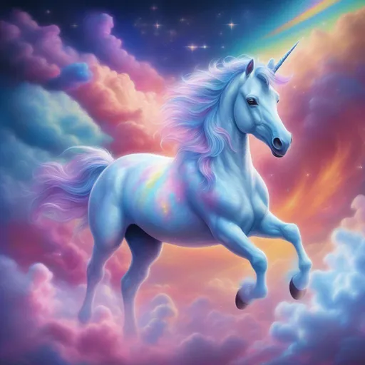 Prompt: a beautiful hyper realistic unicorn in the style of Disney and Lisa Frank running through clouds in space