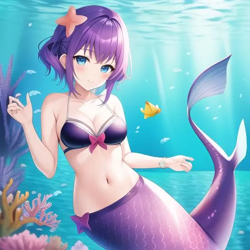 Prompt: Cute Mermaid with short purple hair and dark blue eyes swimming in a coral reef with a lot of fish 