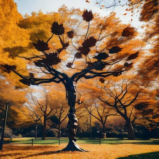 Prompt: A robot tree in a park in autumn with leaves falling in the wind