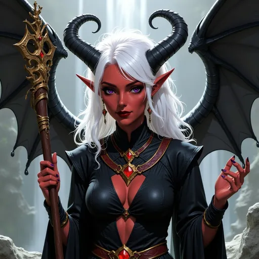 Prompt:  @p2CZMES7VK5y7B1QsEFp white hair, large crown, lots of jewelry, horns curved down, black clothes, big wings, wooden staff, waterfall