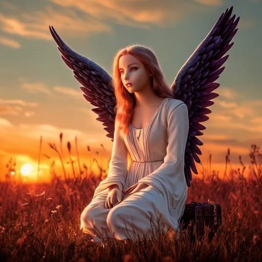 Prompt: 4K angel sitting against a tree in sunset and beautiful feild