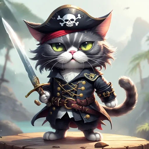 Prompt: A dark grey pirate cat is wearing an eyepatch over one eye. He raises his sword in the air and shivers his whiskers