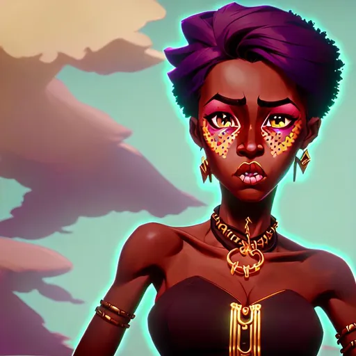 Prompt: chocolate bold vivid female avatar with hair in afro. And fine African Jewels. Juicy lips and big eyes