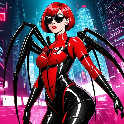 Prompt: Comic book style, cyberpunk. A middle aged woman with short hair and a red corset. Supervillain, spider themed. Round black sunglasses. Mechanical spider legs
  