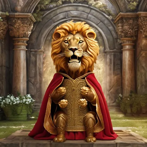 Prompt: delight happy lion from Narnia  with a red king's cape on throne in palace eating veggies
