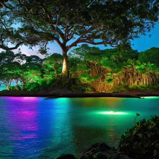 Prompt: beautiful island with massive trees with glowing frogs in them