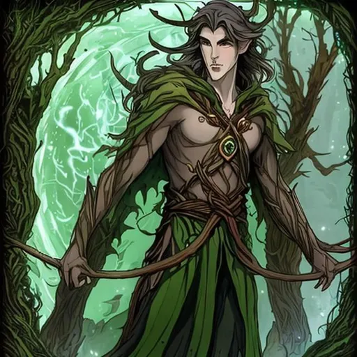 Prompt: Name: Branwen Oakthorn

Race: Wood Elf

Class: Druid (Circle of the Verdant Enchantment)

Background: Healer

Appearance:
Branwen stands at 6 feet tall, his form exuding a graceful and resilient air. His forest-green eyes reflect the wisdom of the natural world, and his long, wavy hair cascades down to his shoulders in hues of rich green and earthy brown. His skin bears the sun-kissed marks of one deeply connected to the outdoors. Branwen's attire consists of a robe crafted from woven vines, leaves, and natural fibers adorned with subtle, earthy tones. A circlet of intertwined twigs and delicate moss rests upon his brow, radiating a faint, mystical glow.

make him look like a real person

